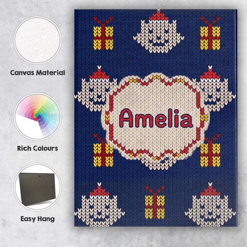 Personalised Name Blue Knitted Christmas Custom  Unique Gift Idea Elegant Feature Canvas Wall Art Print Decor Picture Ready to Hang