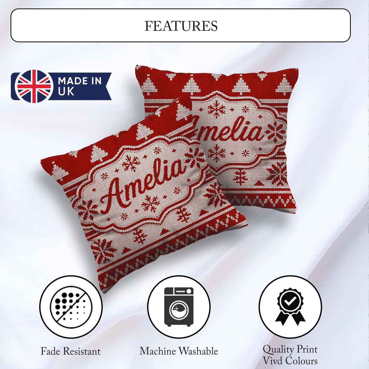 Custom Name Red Nordic Christmas Tree Snowflake Knitted Seamless Square Filled Cushion Throw Pillow Sofa Bed Home Decor Zip Washable UK Made