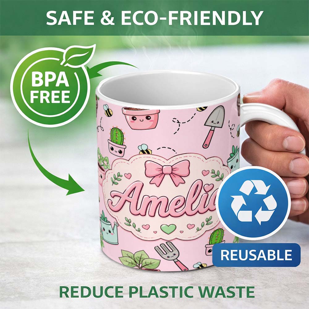 Personalized Custom Name Cute Kawaii Garden Tools Plants Bees Seamless Pattern Blush Lovely 11oz Ceramic Coffee Tea Mug White Large Handle