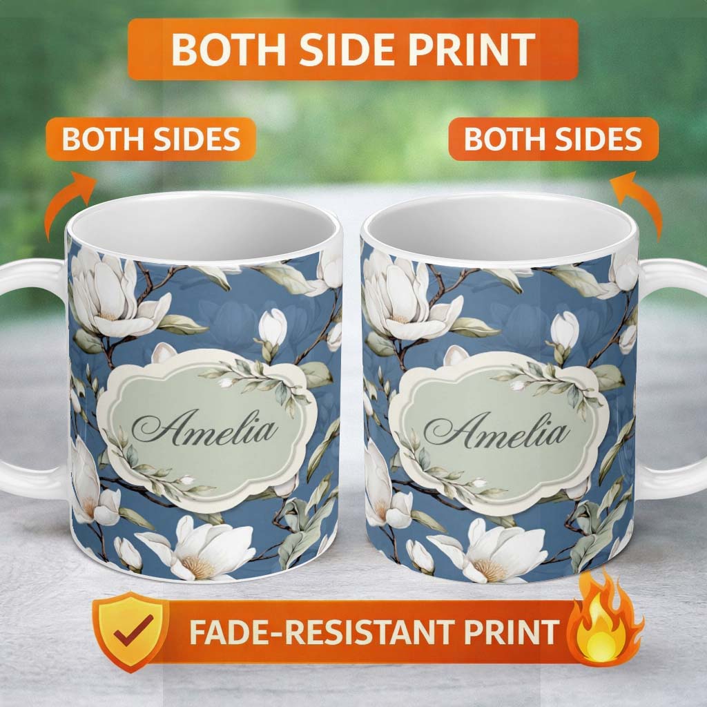 Personalized Custom Name Elegant White Magnolia Flowers on Blue Background Seamless Pattern 11oz Ceramic Coffee Tea Mug White Large Handle