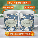 Personalized Custom Name Elegant White Magnolia Flowers on Blue Background Seamless Pattern 11oz Ceramic Coffee Tea Mug White Large Handle