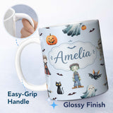 Personalized Custom Name Halloween Zombie Mummy Vampire and Bat Characters Blue Background 11oz Ceramic Coffee Tea Mug White Large Handle