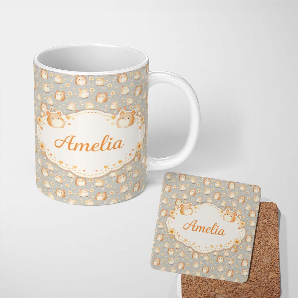 Personalized Custom Name Soft Beige Hamster Daisy Floral Seamless Pattern Cute Unique Gift 11oz Ceramic Coffee Tea Mug White Large Handle