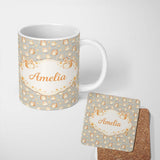 Personalized Custom Name Soft Beige Hamster Daisy Floral Seamless Pattern Cute Unique Gift 11oz Ceramic Coffee Tea Mug White Large Handle