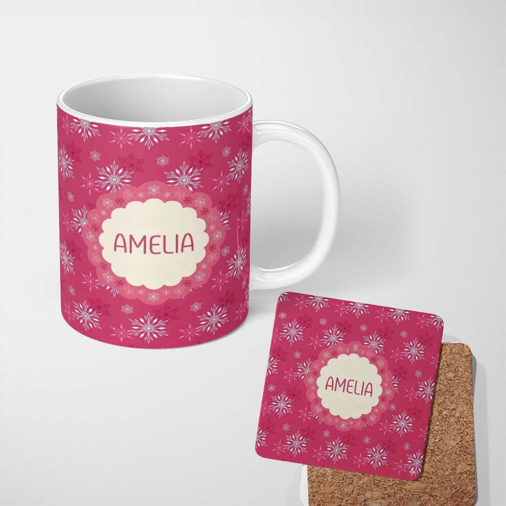 Personalized Custom Name Elegant Red Snowflake Winter Holiday Seamless Pattern Lovely 11oz Ceramic Coffee Tea Mug White Large Handle
