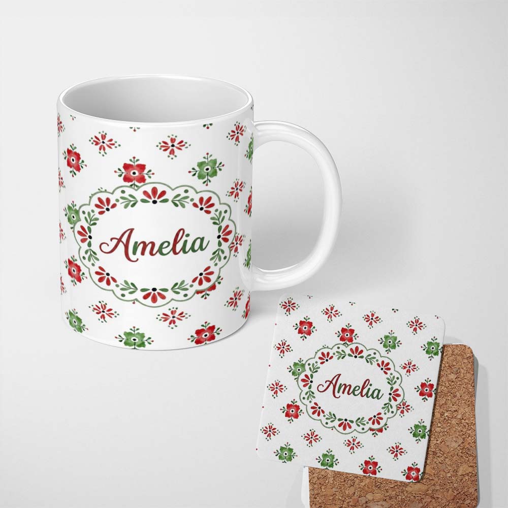 Personalized Custom Name Cute Scandinavian Style Red and Green Floral Pattern Christmas Folk 11oz Ceramic Coffee Tea Mug White Large Handle