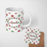 Personalized Custom Name Cute Scandinavian Style Red and Green Floral Pattern Christmas Folk 11oz Ceramic Coffee Tea Mug White Large Handle