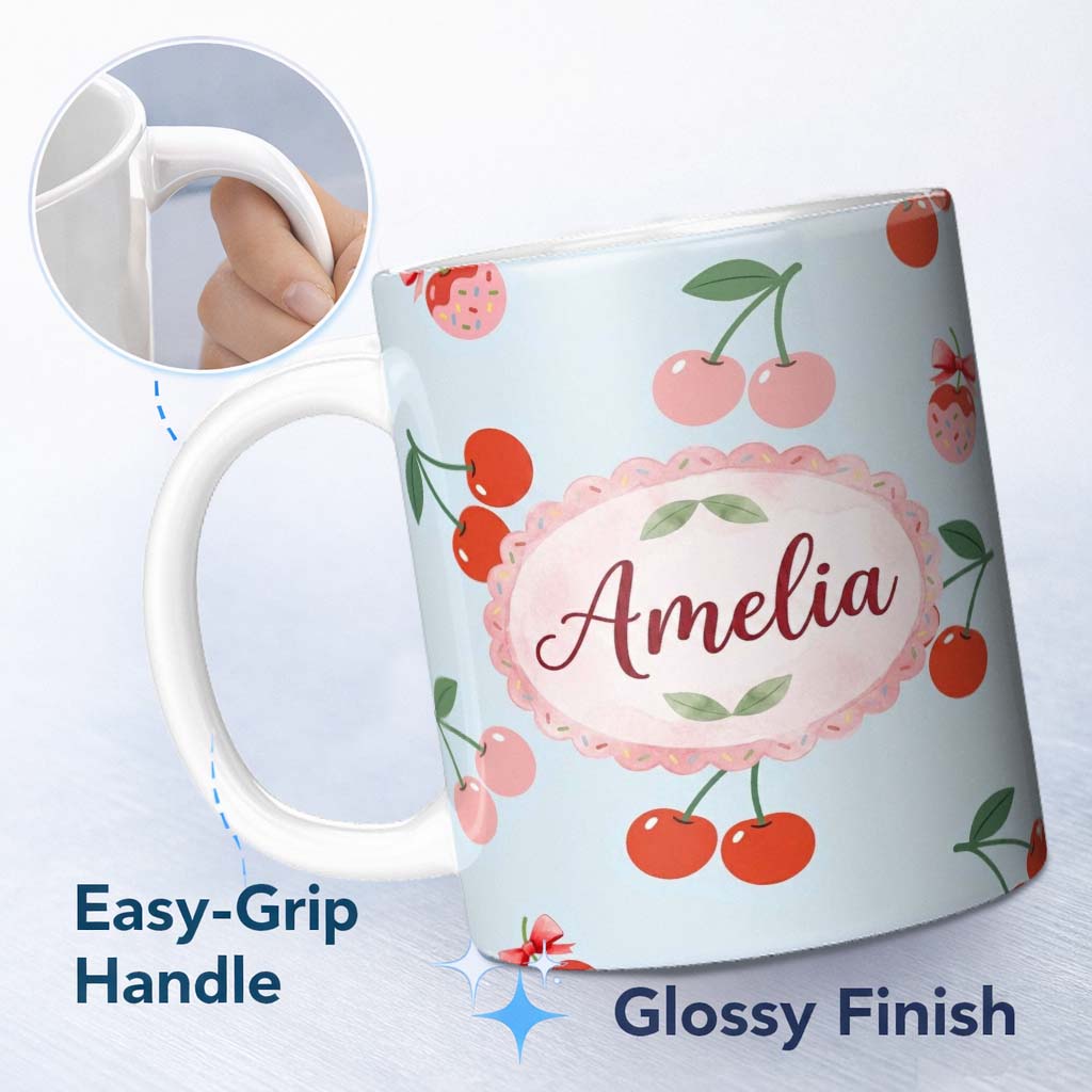 Personalized Custom Name Cute Cherry Fruit with Bow and Sprinkles Pattern Pastel Blue Lovely 11oz Ceramic Coffee Tea Mug White Large Handle