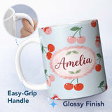 Personalized Custom Name Cute Cherry Fruit with Bow and Sprinkles Pattern Pastel Blue Lovely 11oz Ceramic Coffee Tea Mug White Large Handle