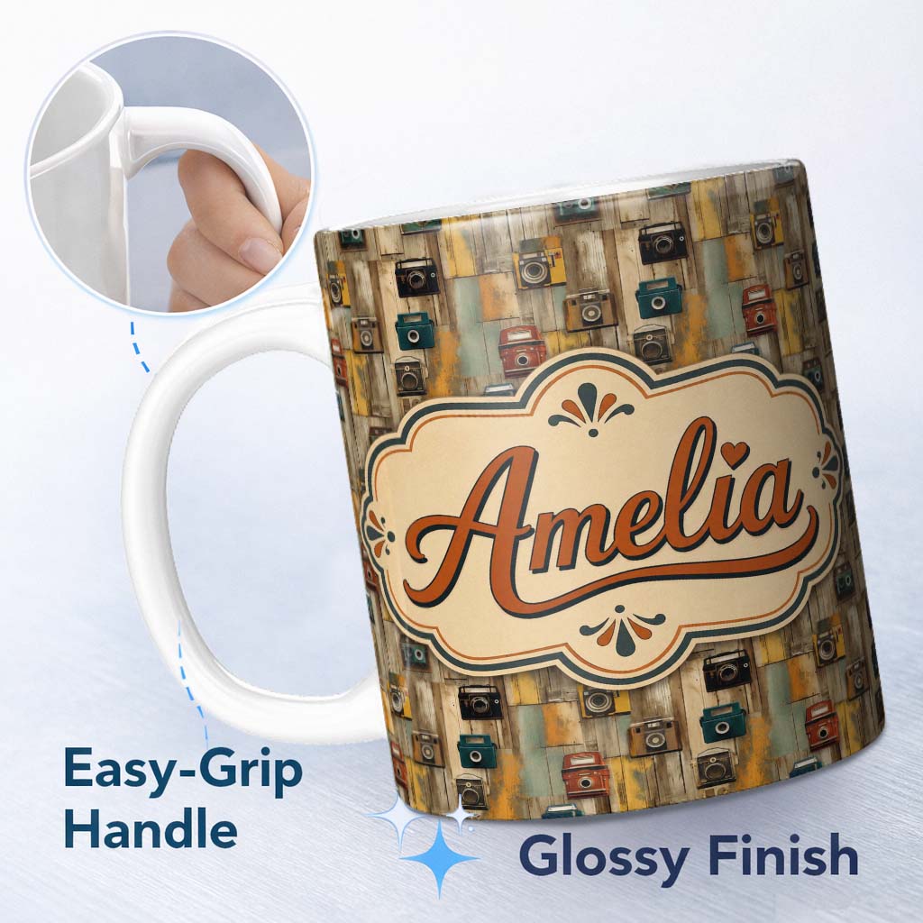 Personalized Custom Name Rustic Wooden Panel Background with Vintage Cameras Seamless Pattern 11oz Ceramic Coffee Tea Mug White Large Handle