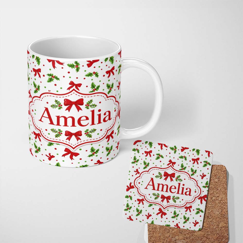 Personalized Custom Name Christmas Holly Leaves Red Bows Polka Dots Seamless Pattern Lovely 11oz Ceramic Coffee Tea Mug White Large Handle