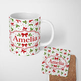 Personalized Custom Name Christmas Holly Leaves Red Bows Polka Dots Seamless Pattern Lovely 11oz Ceramic Coffee Tea Mug White Large Handle