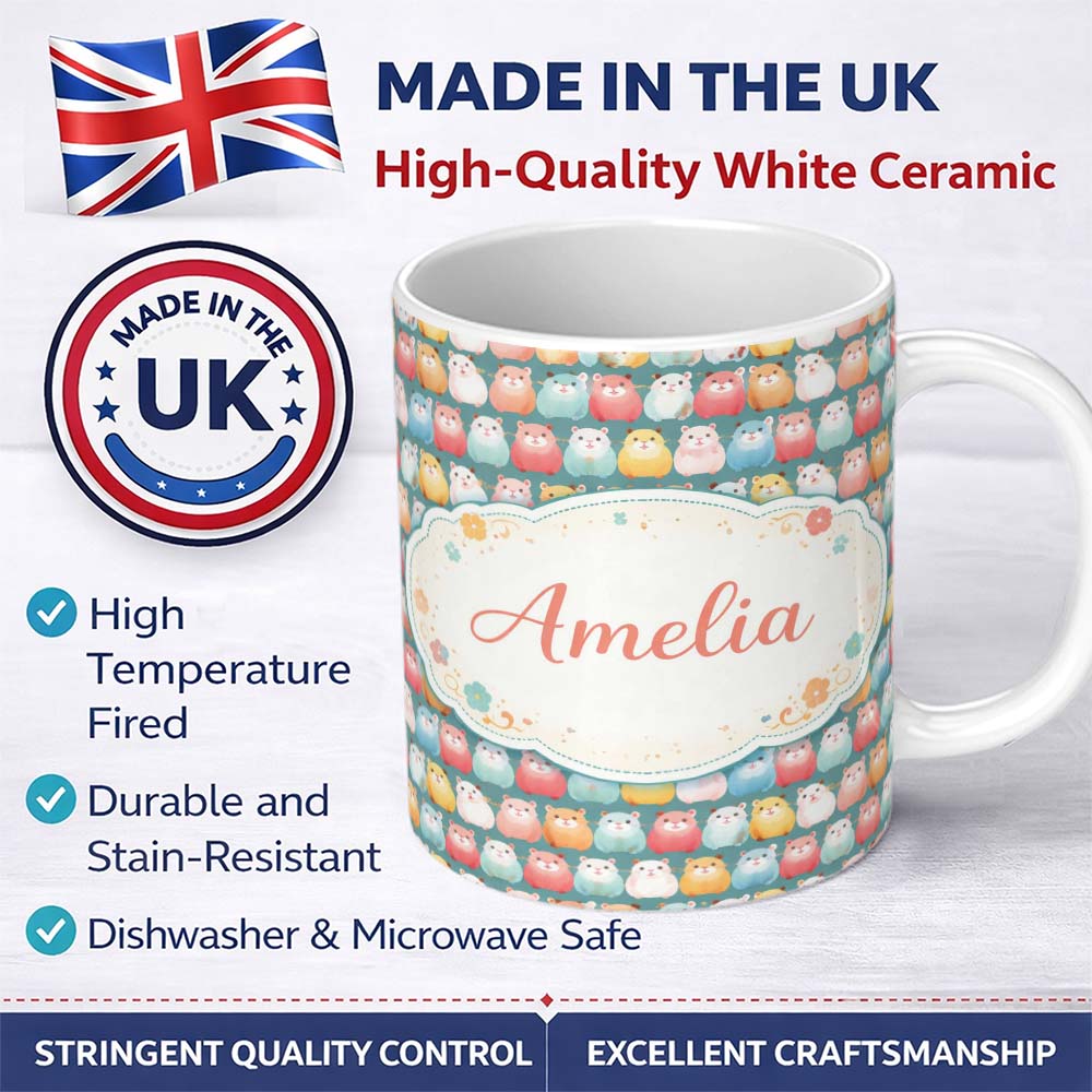 Personalized Custom Name Pastel Hamster Rows Cute Seamless Pattern Perfect Gift for Her 11oz Ceramic Coffee Tea Mug White Large Handle
