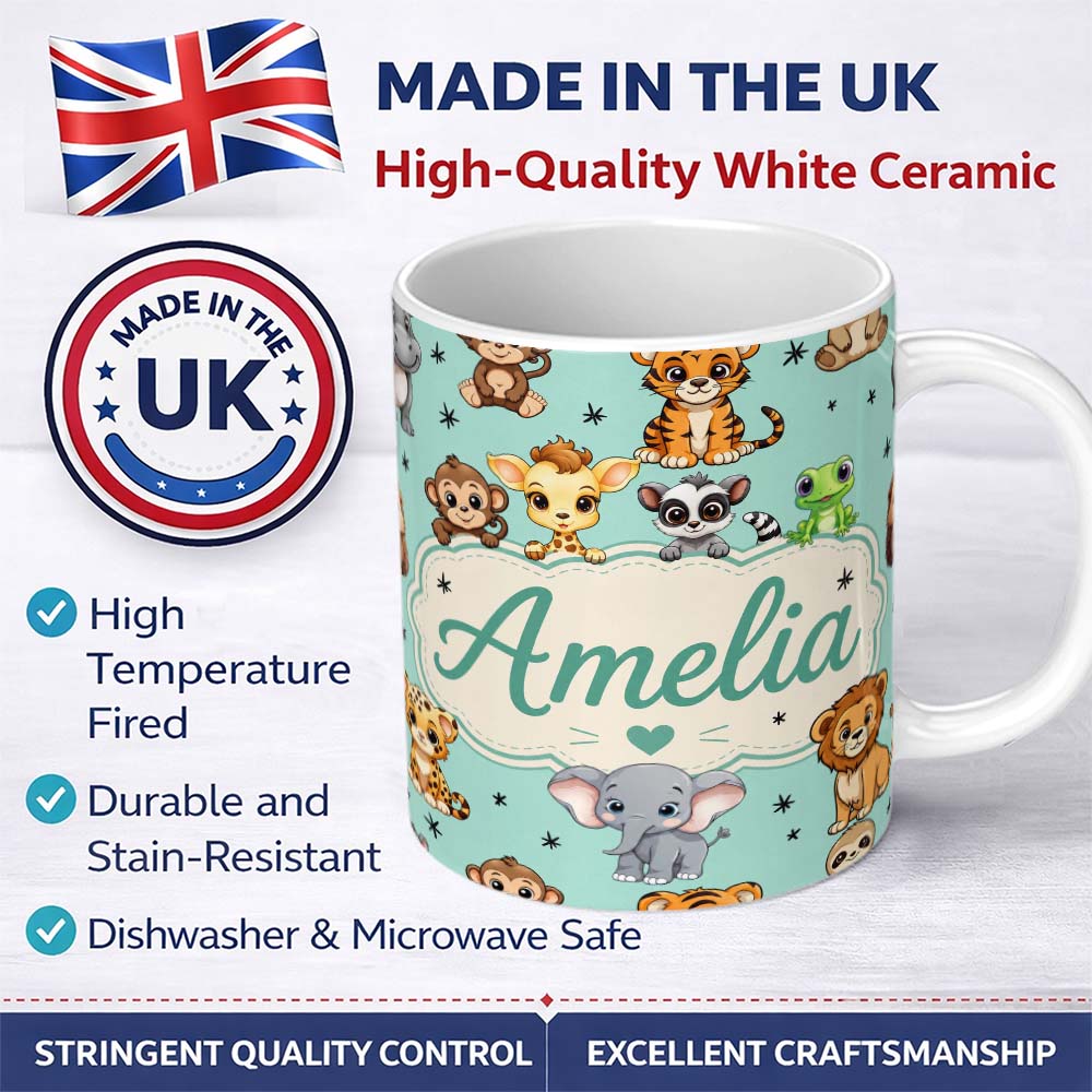 Personalized Custom Name Cute Jungle Baby Animals Lion Tiger Elephant Giraffe Pattern Mint 11oz Ceramic Coffee Tea Mug White Large Handle