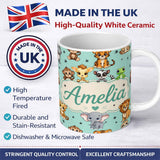 Personalized Custom Name Cute Jungle Baby Animals Lion Tiger Elephant Giraffe Pattern Mint 11oz Ceramic Coffee Tea Mug White Large Handle