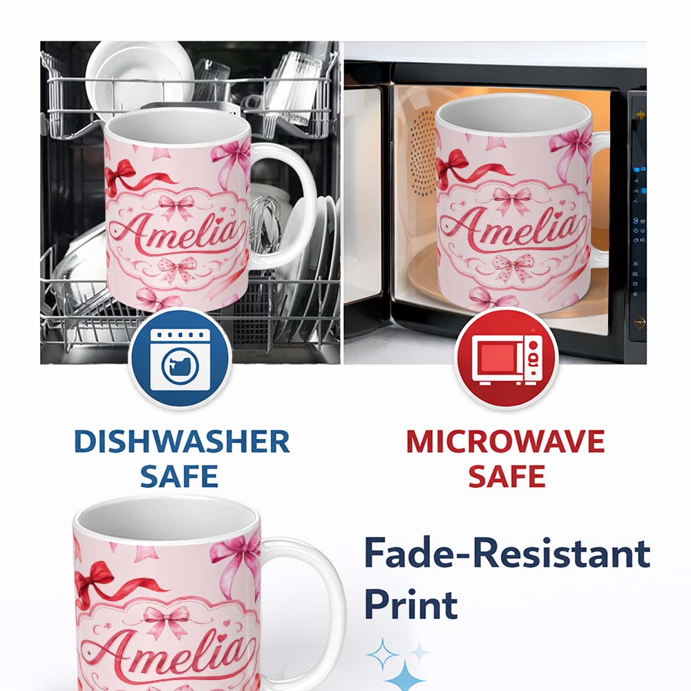 Personalized Custom Name Watercolor Red and Pink Ribbon Bows Soft Beige Background Cute Girly 11oz Ceramic Coffee Tea Mug White Large Handle