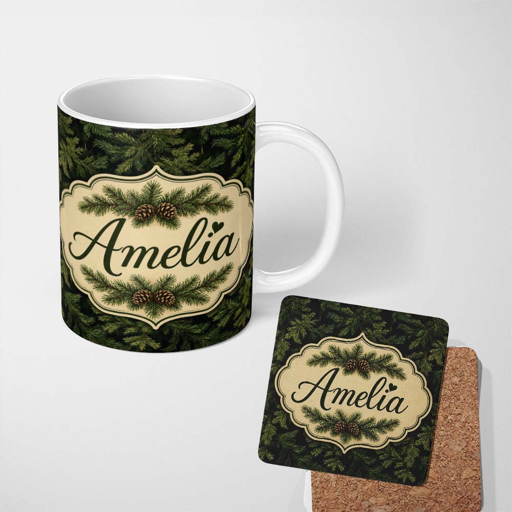 Personalized Custom Name Dark Evergreen Fir Branch Pattern with Dense Foliage on Black Lovely 11oz Ceramic Coffee Tea Mug White Large Handle