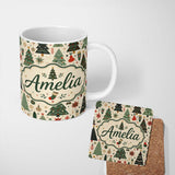 Personalized Custom Name Scandinavian Christmas Trees Ornaments Snowflakes Cozy Holiday 11oz Ceramic Coffee Tea Mug White Large Handle