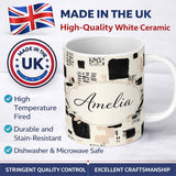 Personalized Custom Name Textured Brush Blocks Black Beige Artistic Abstract Pattern Lovely 11oz Ceramic Coffee Tea Mug White Large Handle