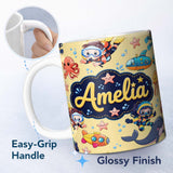 Personalized Custom Name Underwater with Scuba Divers Starfish and Whale on Warm Yellow 11oz Ceramic Coffee Tea Mug White Large Handle