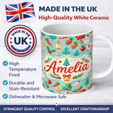 Personalized Custom Name Watercolor Christmas Tree Strawberry Ornament Seamless Pattern 11oz Ceramic Coffee Tea Mug White Large Handle