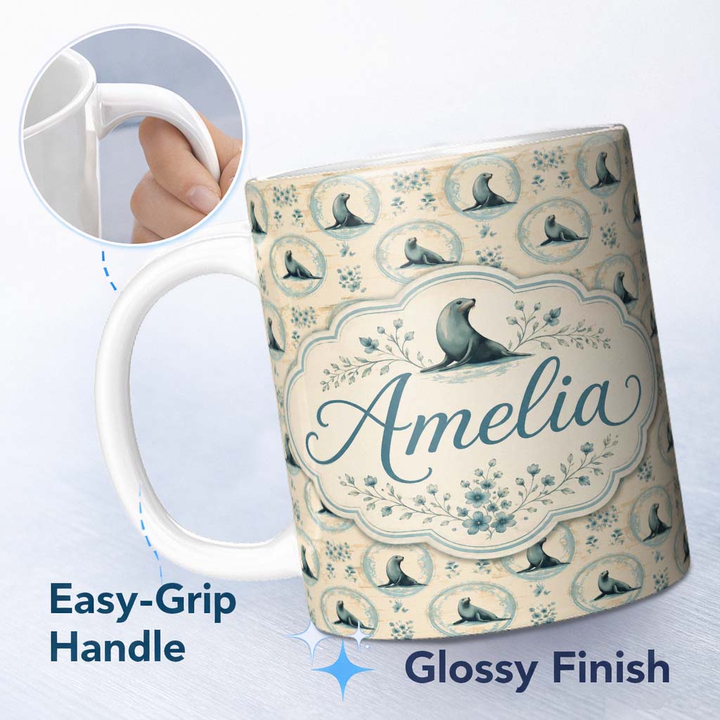 Personalized Custom Name Elegant Seal Cameo Frames with Floral Vintage Beige Seamless Pattern 11oz Ceramic Coffee Tea Mug White Large Handle