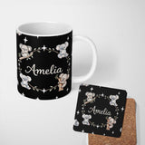 Personalized Custom Name Cute Baby Koala Bears with Stars on Black Background Seamless Lovely 11oz Ceramic Coffee Tea Mug White Large Handle