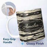 Personalized Custom Name Fluid Marble Swirl Black Cream Abstract Flow Pattern Lovely 11oz Ceramic Coffee Tea Mug White Large Handle