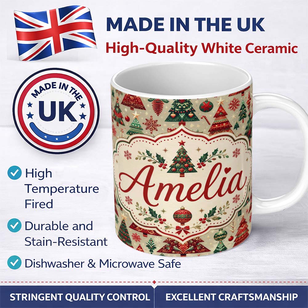 Personalized Custom Name Vintage Christmas Tree Ornament Candy Cane Seamless Pattern Lovely 11oz Ceramic Coffee Tea Mug White Large Handle