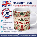 Personalized Custom Name Vintage Christmas Tree Ornament Candy Cane Seamless Pattern Lovely 11oz Ceramic Coffee Tea Mug White Large Handle