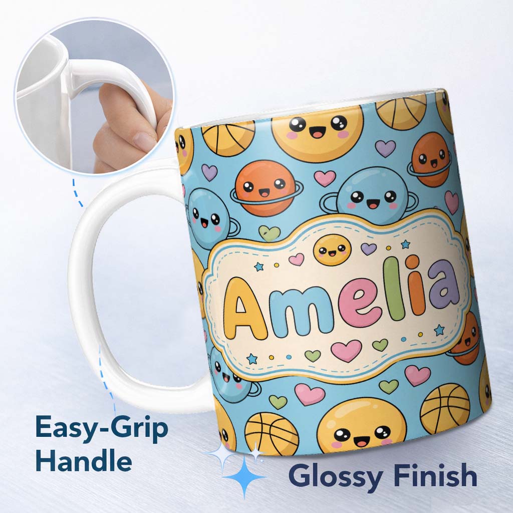 Personalized Custom Name Cute Kawaii Planets Basketball Pattern Fun Sports Seamless Pattern 11oz Ceramic Coffee Tea Mug White Large Handle