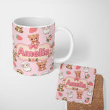 Personalized Custom Name Cute Bear Sloth Lamb Cherry Strawberry Seamless Pattern on Light 11oz Ceramic Coffee Tea Mug White Large Handle