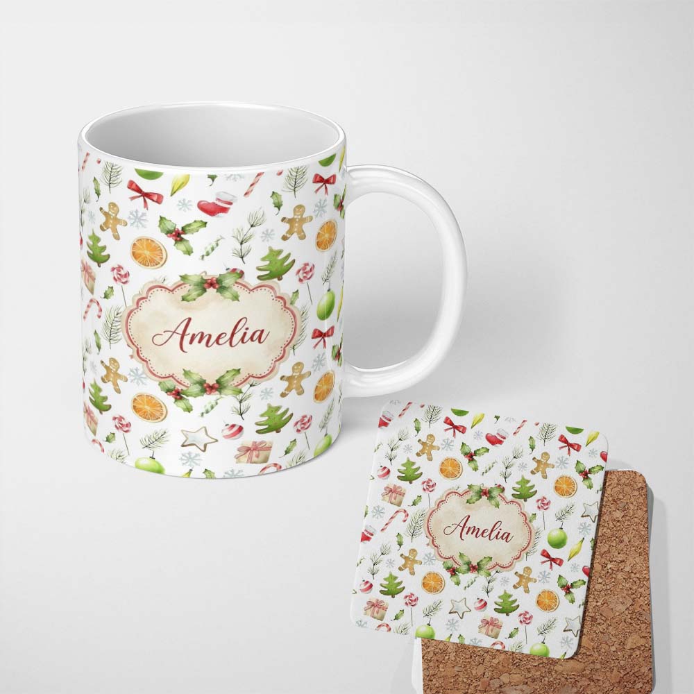 Personalized Custom Name Cute Christmas Cookies Candy Cane Festive Seamless Pattern Lovely 11oz Ceramic Coffee Tea Mug White Large Handle
