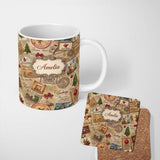 Personalized Custom Name Vintage Christmas Ephemera with Letters Stamps and Holiday Motifs 11oz Ceramic Coffee Tea Mug White Large Handle
