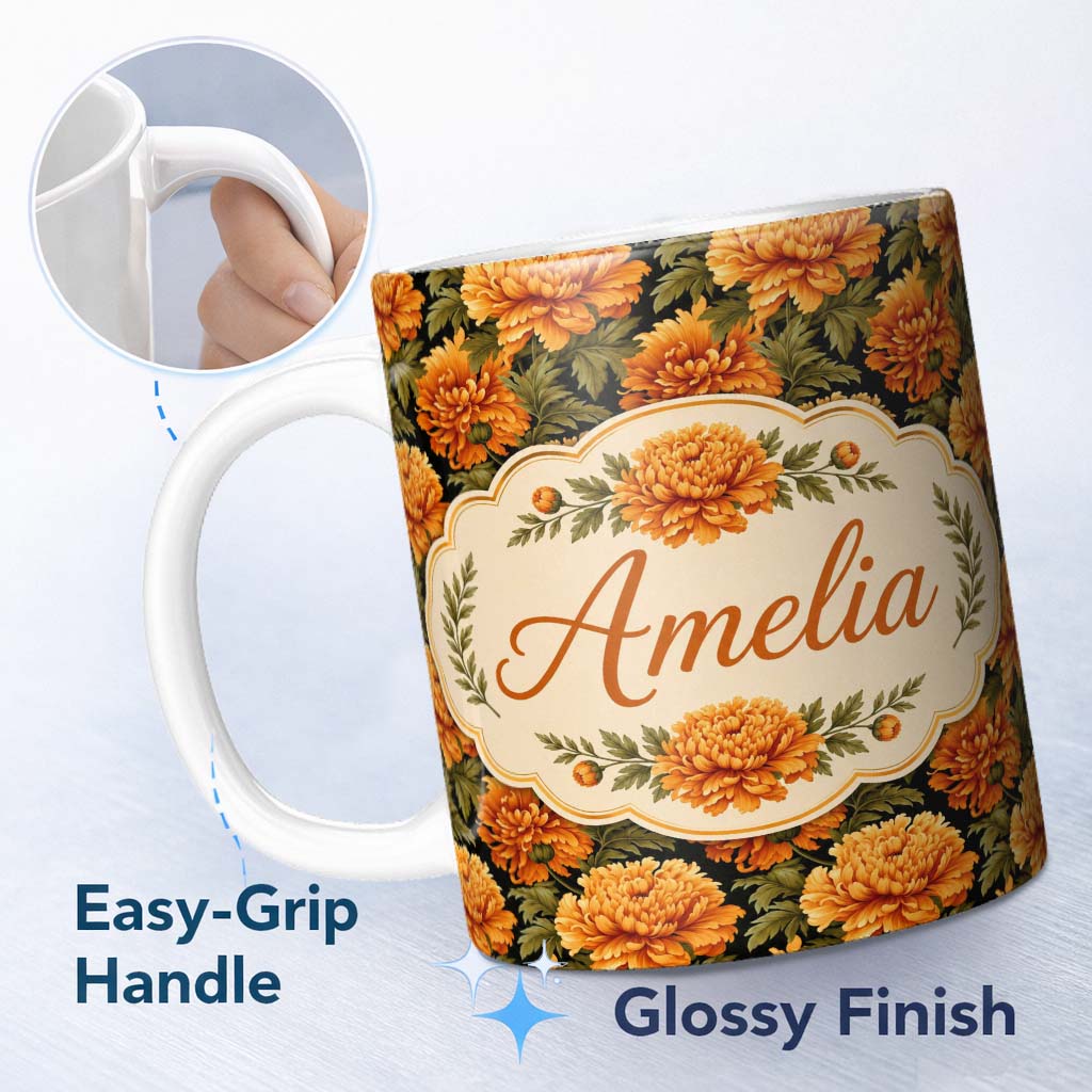 Personalized Custom Name Bold Orange Chrysanthemum Floral Seamless Pattern on Black Lovely 11oz Ceramic Coffee Tea Mug White Large Handle