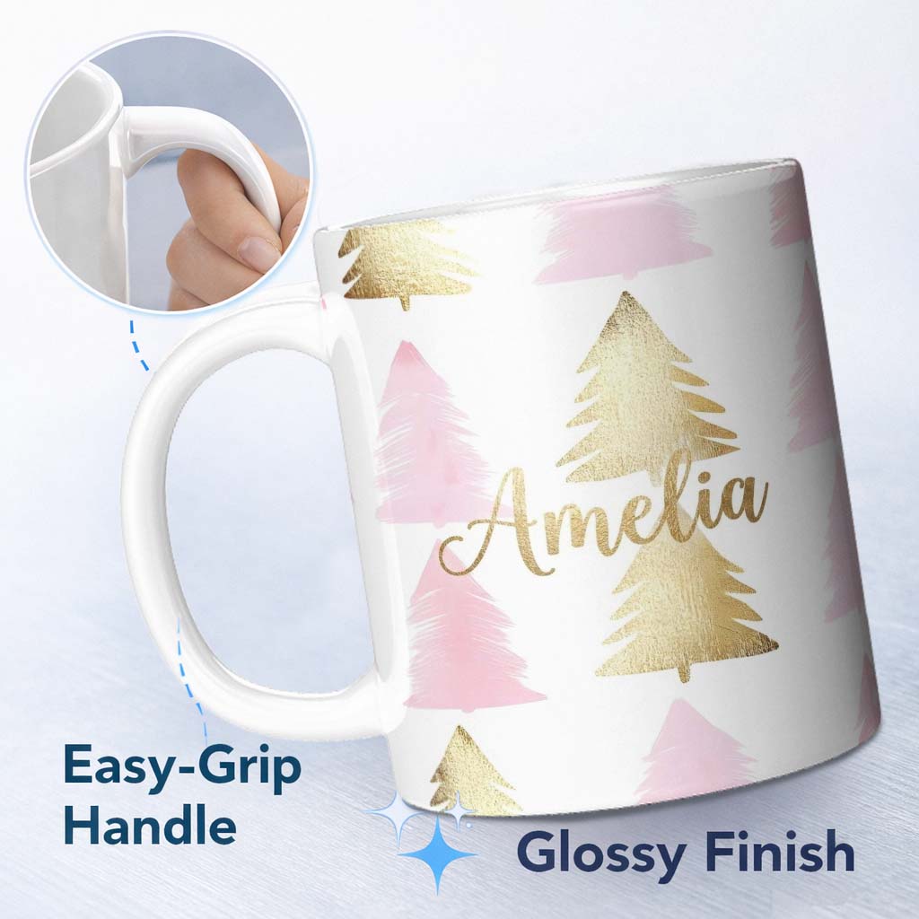 Personalized Custom Name Minimal Pink and Gold Christmas Tree Modern Seamless Pattern Lovely 11oz Ceramic Coffee Tea Mug White Large Handle