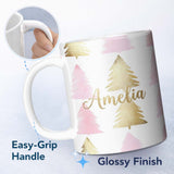 Personalized Custom Name Minimal Pink and Gold Christmas Tree Modern Seamless Pattern Lovely 11oz Ceramic Coffee Tea Mug White Large Handle