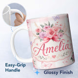 Personalized Custom Name Cute Watercolor Roses Bouquet with Red Ribbon Gingham Pink Lovely 11oz Ceramic Coffee Tea Mug White Large Handle
