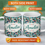 Personalized Custom Name Modern Flamingo Birds with Geometric Jungle Background Seamless 11oz Ceramic Coffee Tea Mug White Large Handle