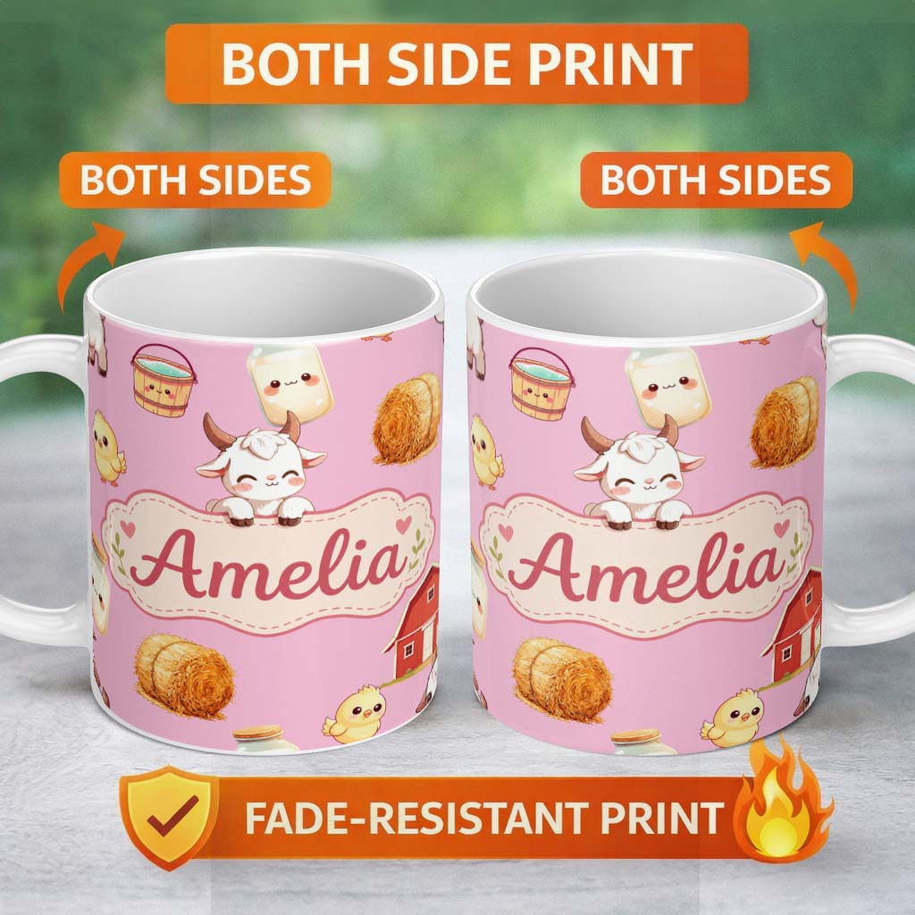 Personalized Custom Name Cute Farm Goat Barn Hay Bale Chick Milk Bucket Pink Background 11oz Ceramic Coffee Tea Mug White Large Handle