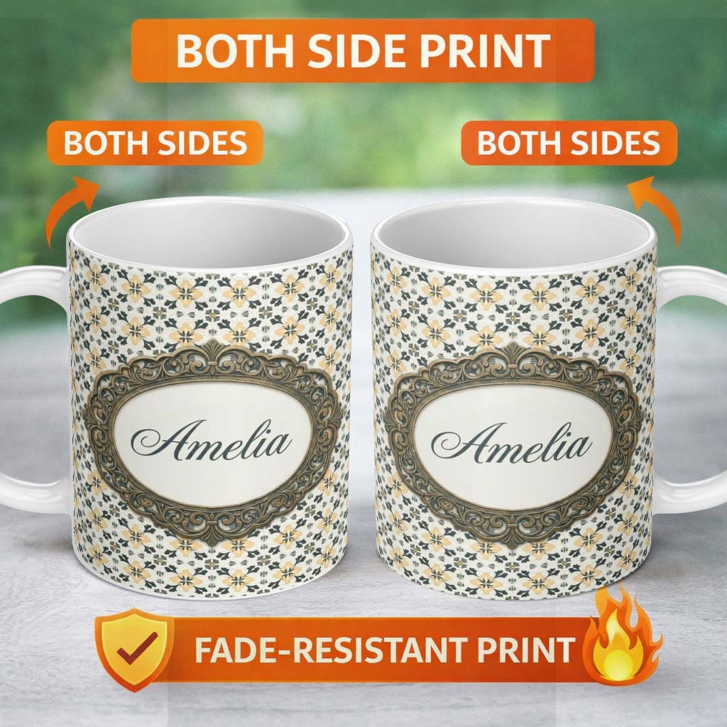 Personalized Custom Name Stylish Black Gold Floral Tile Motif Seamless Pattern Lovely 11oz Ceramic Coffee Tea Mug White Large Handle