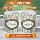 Personalized Custom Name Stylish Black Gold Floral Tile Motif Seamless Pattern Lovely 11oz Ceramic Coffee Tea Mug White Large Handle