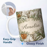 Personalized Custom Name Botanical Garden Floral Pattern Natural Tones Beautiful Coffee Cup 11oz Ceramic Coffee Tea Mug White Large Handle
