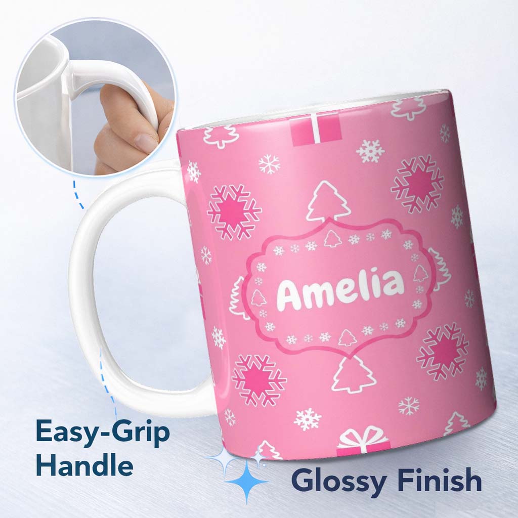 Personalized Custom Name Cute Pink Christmas Snowflakes Trees Gift Box Seamless Pattern 11oz Ceramic Coffee Tea Mug White Large Handle