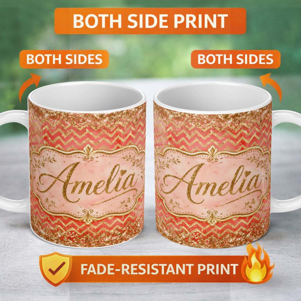 Personalized Custom Name Red Gold Chevron Glitter Marble Seamless Pattern Design Bold Festive 11oz Ceramic Coffee Tea Mug White Large Handle