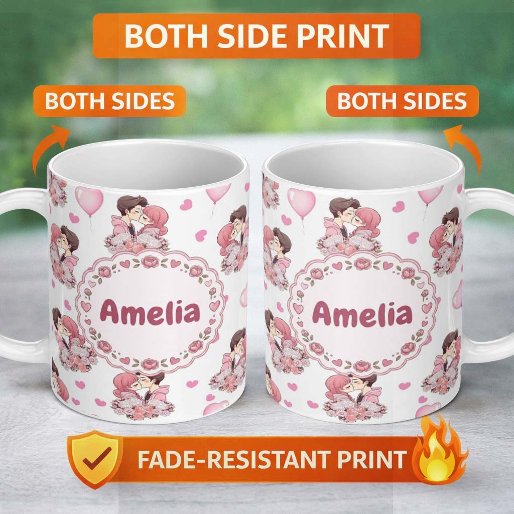 Personalized Custom Name Romantic Couple Kissing Floral Bouquet Hearts Pattern Light Grey 11oz Ceramic Coffee Tea Mug White Large Handle