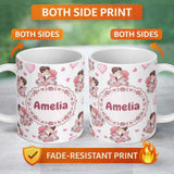 Personalized Custom Name Romantic Couple Kissing Floral Bouquet Hearts Pattern Light Grey 11oz Ceramic Coffee Tea Mug White Large Handle