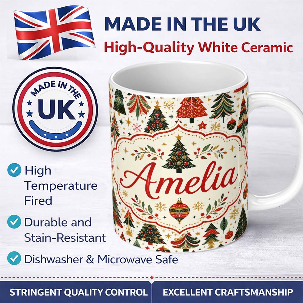 Personalized Custom Name Vintage Christmas Tree Ornament Festive Seamless Pattern Lovely 11oz Ceramic Coffee Tea Mug White Large Handle
