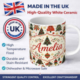 Personalized Custom Name Vintage Christmas Tree Ornament Festive Seamless Pattern Lovely 11oz Ceramic Coffee Tea Mug White Large Handle