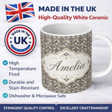 Personalized Custom Name Elegant Geometric Heart Motif Pattern in Neutral Beige and Grey 11oz Ceramic Coffee Tea Mug White Large Handle